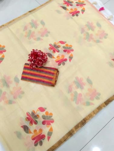Image of Women's Linen Cotton Blend Saree Multicolor Ikat Brush Print Scalloped Border with Floral Print Unstitched Blouse Piece