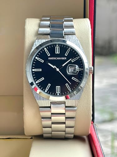 Image of AMERICANVIBER Men's Silver Stainless Steel Watch, Vibrant Green Sunburst Dial, Quartz Analog Movement, Date Display, Faceted Bezel for Men
