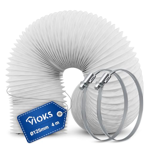 VIOKS Abluft Schlauch für Klimaanlage 4 Meter + 2x Schellen für 125mm Luftführungssysteme - Abluftschlauch Trockner Abluftschlauch Fenster...