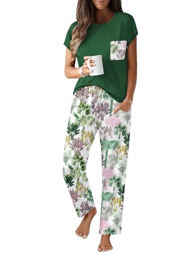 Image of Ekouaer Womens Pajama Sets Cap Sleeve Sleepwear Tops and Long Pants Comfy Pjs 2 Piece Lounge Set with Pockets S-XXL