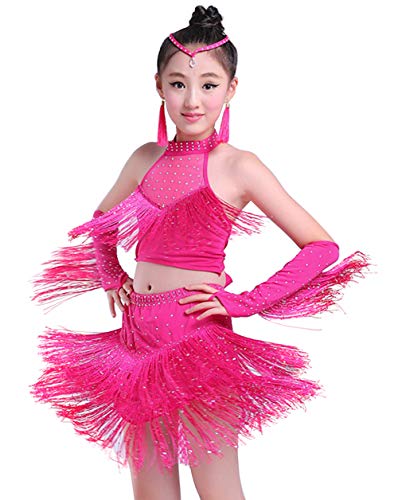 Child Girls Tassel Dance Costumes Latin Tango Cha Cha Dance Outfits Halter Dancing