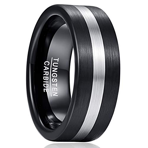 Vakki 8mm Tungsten Carbide Ring, Silver and Black Brushed Matte Finish Tungsten Band Wedding Engaged Ring Comfort Fit Size 7-12 for Men Women