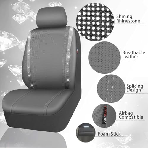 Image of CAR PASS Bling Car Seat Covers Full Set, Shining Glitter Rhinestone Diamond Waterproof Faux Leather Interior Sets Universal Fit Automotive Glitter Crystal Sparkle Strips for Cute Women Girl, Gray