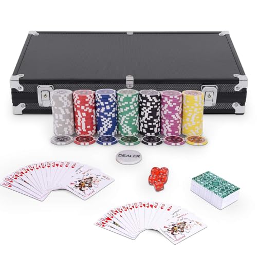 RELAX4LIFE Pokerset Pokerkoffer mit 300 Poker Chips, 2 Kartendecks, Händler & 5 Würfel, Kartenspiel für Partys & Picknick & Ausflug, Ink. abschließbares Poker Koffer aus Alu (Schwarz) – Bild 7