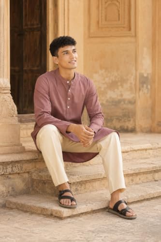 Image of SAADAA Men's Long Kurta - Linen Cotton Blend, Airy Fabric, Regular Fit, Mandarin Collar, Solid Color - Casual, Festive & Ethnic Wear