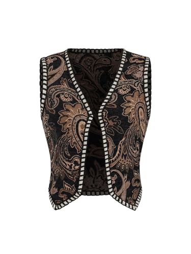 Verdusa Women's Western Boho Open Front V Neck Sleeveless Jacquard Tops Cow Girl Boho Vest Jacket