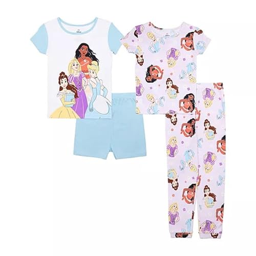 Centric Brands Girls’ Princess 4pc Pajama Set – Moana, Cinderella, Rapunzel & Belle – 2 Tops, Shorts & Pants – 100% Cotton