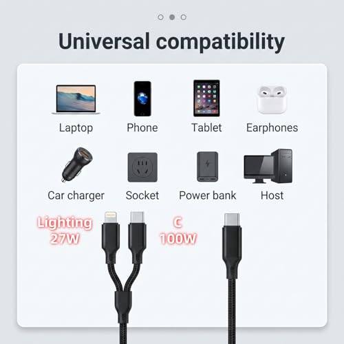 Image of Verilux 2 in 1 Type C to C & Lighting Charging Cable 1.2M, PD 100W C Type & 27W Lighting Cable with 480Mbps Data Transfer, Nylon Braided for iPhone, Galaxy, Laptops, iPad, Black