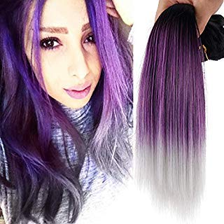 BE 3 Pieces Syntheitc Brazilain Straight Ombre Gray Color 14inch Yaki Synthetic Hair Mix with Human Hair Weave Extensions(ombre gray) (black purple grey)