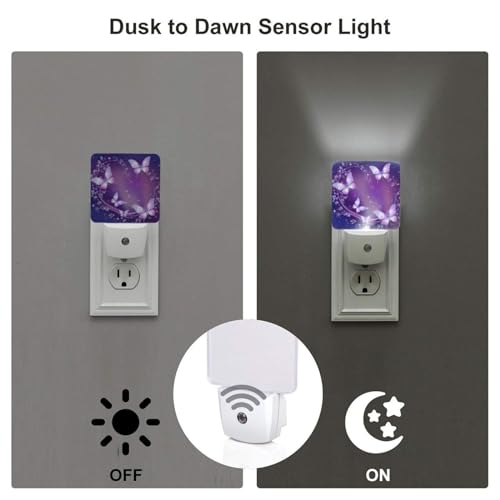 Image of Purple Butterfly Night Light Set of 2, Sparkle Star Auto Sensor LED Dusk-to-Dawn Nightlights, Plug-in Sensor Lamp for Bedroom Bathroom Kitchen Hallway Stairs Decorative