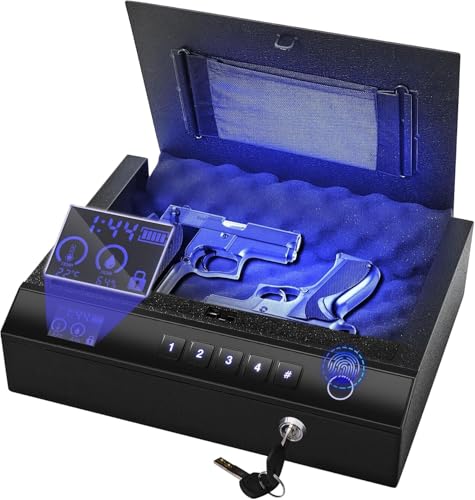 Sgorlds Biometric Gun Safe for Handgun with LCD Display of Temperature Humidity, Fingerprint Quick Access Pistol Safe with USB C Port, 12.6