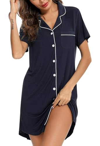Image of Samring Pajama Nightgown for Women Short Sleeve Button Down Boyfriend Night Gown Nightdress Sleep Shirts