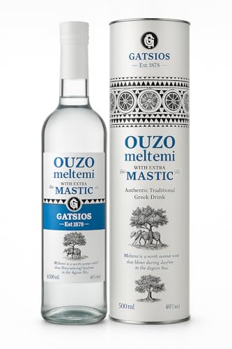 GATSIOS Ouzo Meltemi Mastic 40% Vol. – Griechischer Ouzo mit extra Mastix, 500 ml Flasche in Geschenk-Metalldose (4x500ml)
