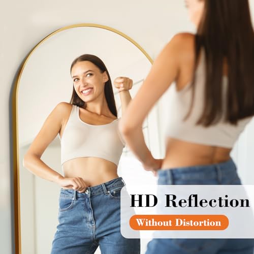 DUMOS 64"x21" Arched Full Length Mirror with Stand Floor Free Standing Aluminum Frame for Bedroom Body Hanging Leaning Modern Simple Home Decor Shatter-proorf Nano Glass Wall, Gold-Rounded