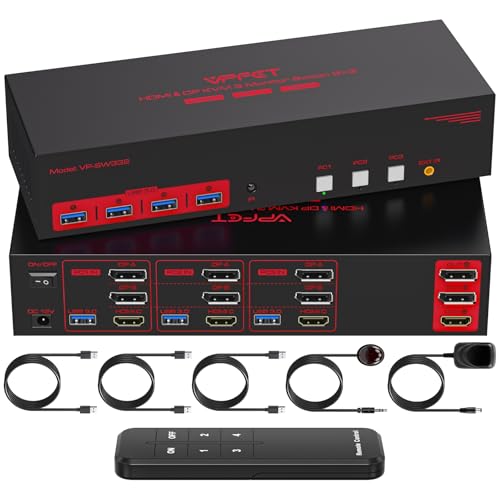 4K144Hz HDMI + 2 Displayport KVM Switch 3 Monitors 3 Computers 8K USB 3.0 KVM Switches Triple Monitor for 3 Computer Share 3 Screens and 4 USB 3.0 Ports Support Extended/Copy Mode