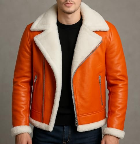 Men’s Ginger Orange Genuine Sheepskin Sherpa Shearling Faux Fur Lined Winter Warm Pilot Air Force Aviator B3 Bomber Leather Jacket3