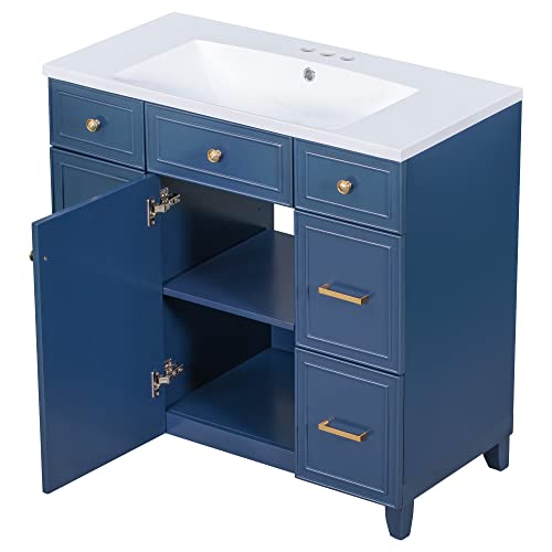 Merax 36" Bathroom Vanity W Soft Closing Door, Combo Stand Storage Cabinet Set And Square White Resin Sink Top, Navy Blue #TOP4