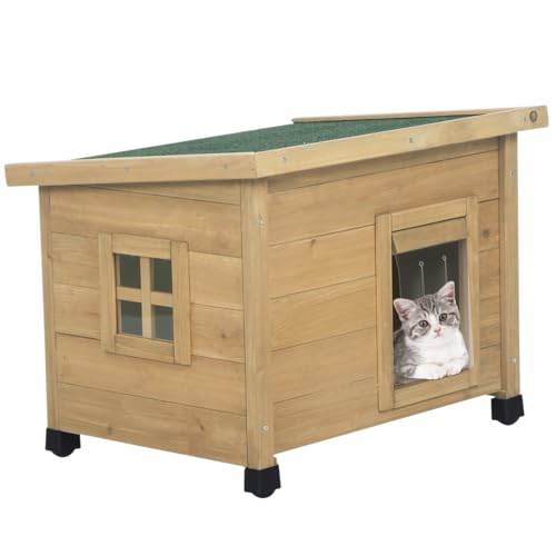 Casetta per gatti in legno per esterni con finestra, tetto impermeabile, piedi rialzati, adatta per cuccioli e piccoli animali