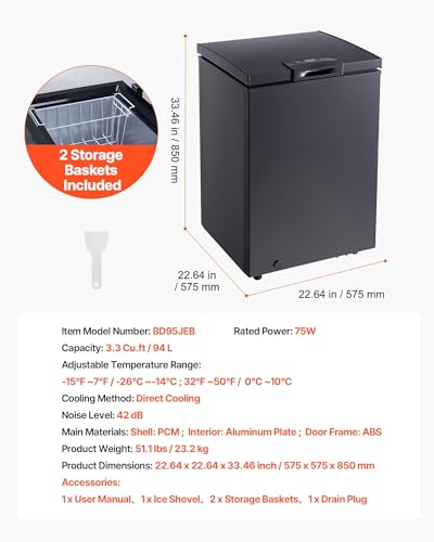 Image of VEVOR Chest Freezer, 3.3 Cu.ft Compact Deep Freezer, Free Standing Top Open Door Chest Freezers with 2 Removable Baskets & Adjustable Thermostat - Energy Saving, Low Noise & Garage Ready, Black