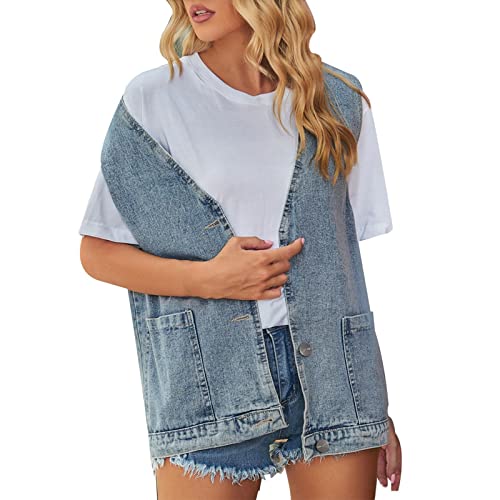 Generisch Chaleco vaquero vintage para mujer, chaqueta vaquera informal con botones, chaleco de mezclilla de longitud media, chaleco vaquero, sin mangas, chaqueta vaquera, chaqueta vaquera, chaqueta