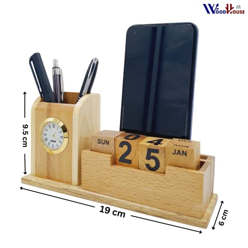 Image of WOODHOUSE Wooden Pen Stand with Calendar & Mobile Stand for Office Table, Pen Holder 100 Years Calendar, New Year Calendar 2023 for Office Table | Lifetime Infinite Perpetual Desk Calendar (WH-107)