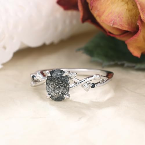 Art Deco Natural Moss Agate Ring for Women 925 Sterling Silver Black Rutilated Quartz Gemstone Wedding Engagement Promise Ring for Her Size 4-94