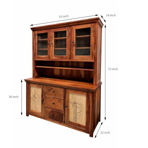 Image of ANGEL FURNITURE Sheesham Wood Kitchen Cabinet, 72 inch Height, Glass Doors, 3 Drawers, Mandala Design, Natural Brown (Honey Finish)
