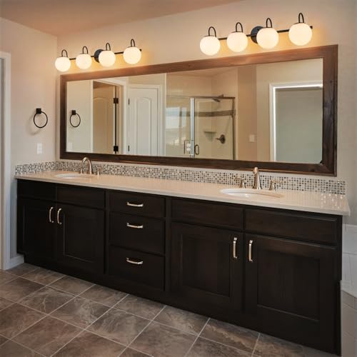 Image of Globe Vanity Light, 31 inch Modern Gold Bathroom Light Fixtures Mid-Century Milk Glass Vanity Light 4-Light Wall Sconce Black