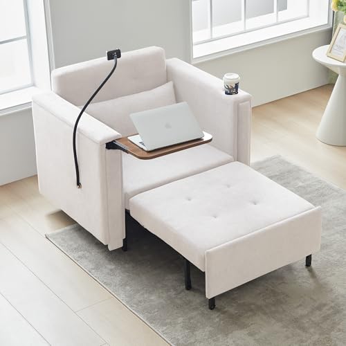 ORRD Pull Out Sofa Chair Bed, 2-in-1 Multi-Functional Sleeper Couch Small Loveseat Bed with Hidden Side Table, Phone Holder and Cup Holder for Living Room, Small Space, Apartment (White)