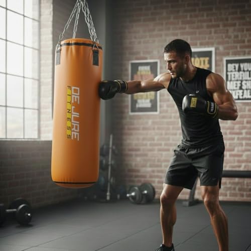 Image of De Jure Fitness Heavy Duty 2 Ft Punching Bag with Rust-Proof Stainless Steel Hanging Chain | Durable Polyester Fabric | Comfortable Recycled Filling | Boxing MMA, Kickboxing - Orange, 2 Ft
