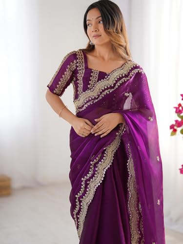 Image of Satrani Women's Shimmer Chiffon Sequins Embroidery Saree with Unstitched Blouse Piece