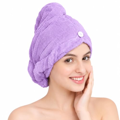 Image of Hair Towel Wrap for Women-Quick Drying Microfiber Towel for Hair with Elastic Loop for Tying-Super Absorbent Head Towels Wrap for Ladies Hair Turban (Pack 1, Purple)