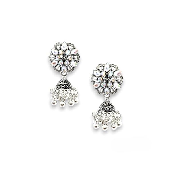 Elleva Small Jhumki Earrings Set for Girls Oxidised Traditiona Stone Earrings for Women Fashion, Silver, Pack of 1