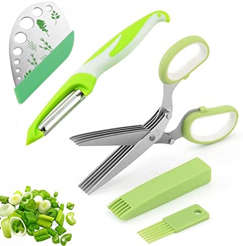 Duzluyzi Premium Herb Scissors Set, Stainless Steel 5 Blade Kitchen Scissors with Safety Cover and Cleaning Comb, Multipurpose Herb Stripper for Cutting Paper, Chopping Chive, Cilantro, Onion, Salad