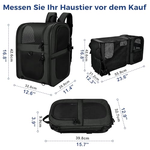 apollo walker Erweiterbar Katzenrucksack Hunderucksack Haustier Rucksäcke Haustier Tragetasche für Hunde und Katzen weich, faltbar Schwarz