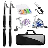 Telescopic Fishing Rod and Reel Combo, 2PACK Carbon Fiber Travel Rod, 2 Collapsible Spinning Reels, 2 100m Line, Carrier Bag and Carrier Bag Lures Kit for Adults Saltwater Freshwater