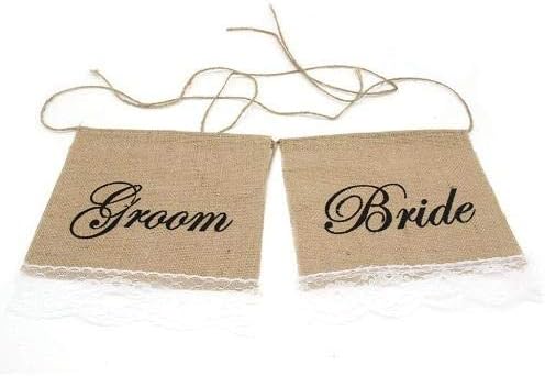 Bride & Groom Burlap Chair Banner wih Lace Rustic Wedding Banner for Wedding Party