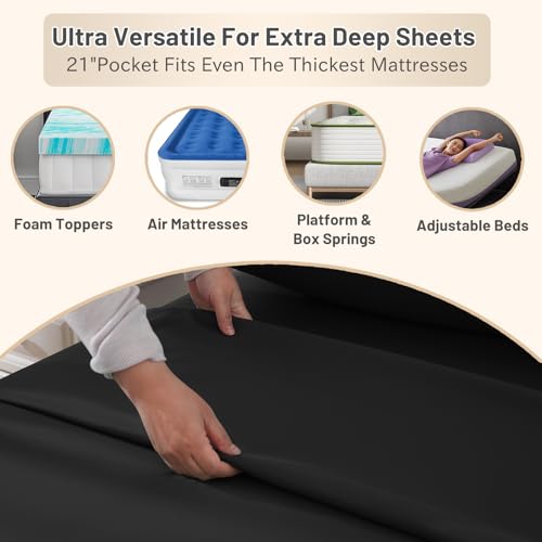MEISHANG Extra Deep Pocket Queen Sheets Cotton - 1000 Thread Count Sheets - Fits 18"-24" in Deep Mattress,100% Egyptian Cotton,Sateen Weave, Soft & Breathable - 4 Piece (Queen, Black)