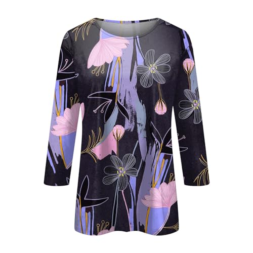 HTHLVMD Womens 3/4 Length Sleeve Tops 2025 Fall Fashion Floral Print Crewneck Causal Trendy Tunic Tops for Women
