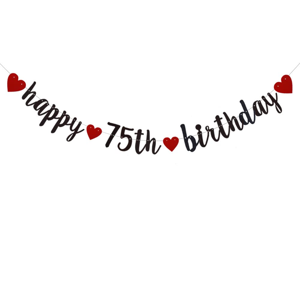 Happy 75th Birthday Banner,Pre-Strung,Black and Red Glitter Paper Garlands for 75th Birthday Party Decorations Supplies,No Assembly Required,Glitter