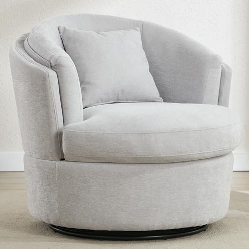 FriFurne Swivel Accent Chair, 360 Degree Round Swivel Barrel Chair with Pillow, Widened Upholstered Chenille Barrel Armchair for Living Room Bedroom Reading Room, Light Gray