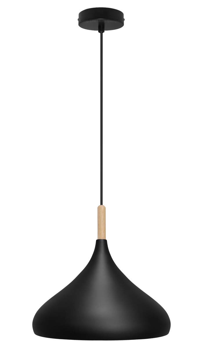 Long Life Lamp Company Black Classic Vintage Ceiling Pendant Light Lamp Shade Metal Dome Wood Detail M0137-F