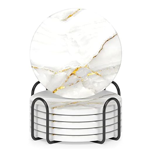 Nipichsha Coasters for Drinks, Set of 6 Marble Style Absorbent Ceramic Coasters with Holder and Cork Base, Cute Stone Drink Coasters for Cup Kitchen Home Decor Housewarming Gift, Round 4", Gold White