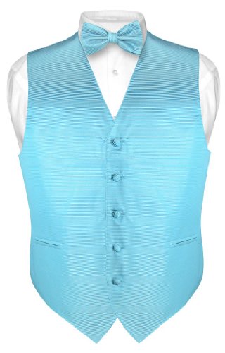 Men's Dress Vest & BOWTie Turquoise Aqua Blue BOW Tie Horizontal Stripe Set