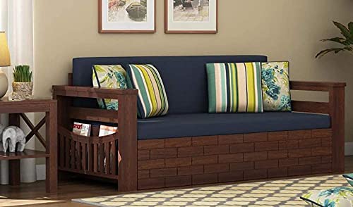 Image of Solid Sheesham Wood Sofa Cum Bed with Storage Side Pocket- 3 Seater Wooden Sofa Bed for Living Room | Convertible Diwan Bed with Cushions Mattress | Modern Space Saving Furniture (Blue)