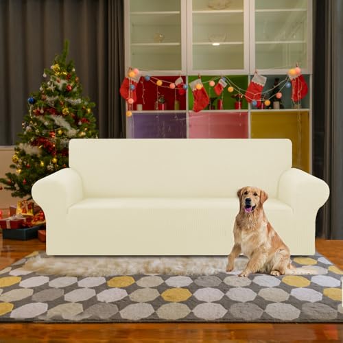 KEKUOU Stretch Sofa Cover Slipcover ,Couch Covers for 3 Cushion Couch Sofa pet Friendly (78"-94") Furniture Protector Sofa with Elastic Bottom for Kids,Dog, Jacquard Small Checked(Large,Beige)