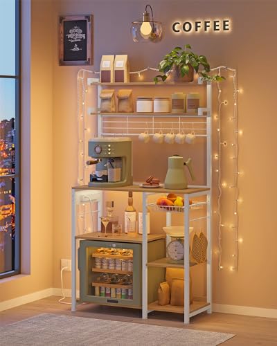 Miniatura 4 de Vasagle Estantería De Cocina Con Enchufes, Estantería De Panadería, Barra De Café, 8 Ganchos En S, Cesta, Especiero, 40 X 90 X 165,5 Cm, Roble Dorado Y Blanco Nube Kks031y19