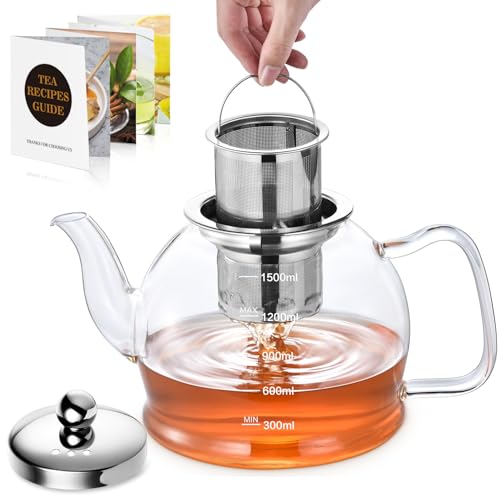 Teekanne Glas 1.5L, Teekanne mit Siebeinsatz, STNTUS Glaskanne mit Teesieb für Losen Tee, Teeblumen, Tee Kanne Tropffrei, Teebereiter, Teekannen Hitzebeständig