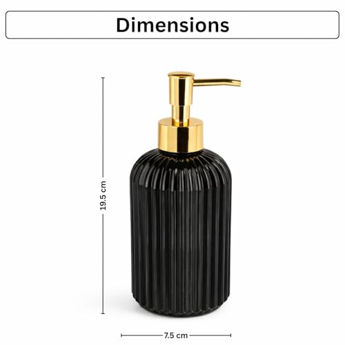 Image of Luxe Home International Vertical Ribber Pattern Glass Soap Dispenser for Bathroom and Kitchen Sink Leak Proof Liquid Hand Wash Round Bottle Lightweight Smooth Finish (19.5x7.5 cm Black) Pack of 1