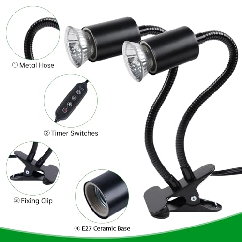 Image of LUCKY HERP Reptile Heat Lamp, Dual Head UVA UVB Reptile Light with Cycle Timer, 360Rotatable Dimmable Aquarium Turtle Tank Basking Light with 4 Bulbs (2PCS 25W and 2PCS 50W)